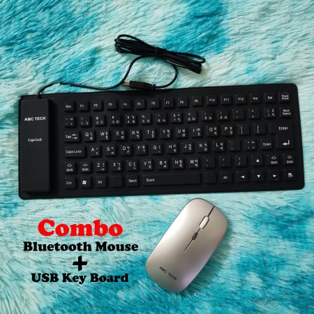 Ultra Slim USB Flexible Foldable Keyboard With Wireless Bluetooth Silver Mouse
